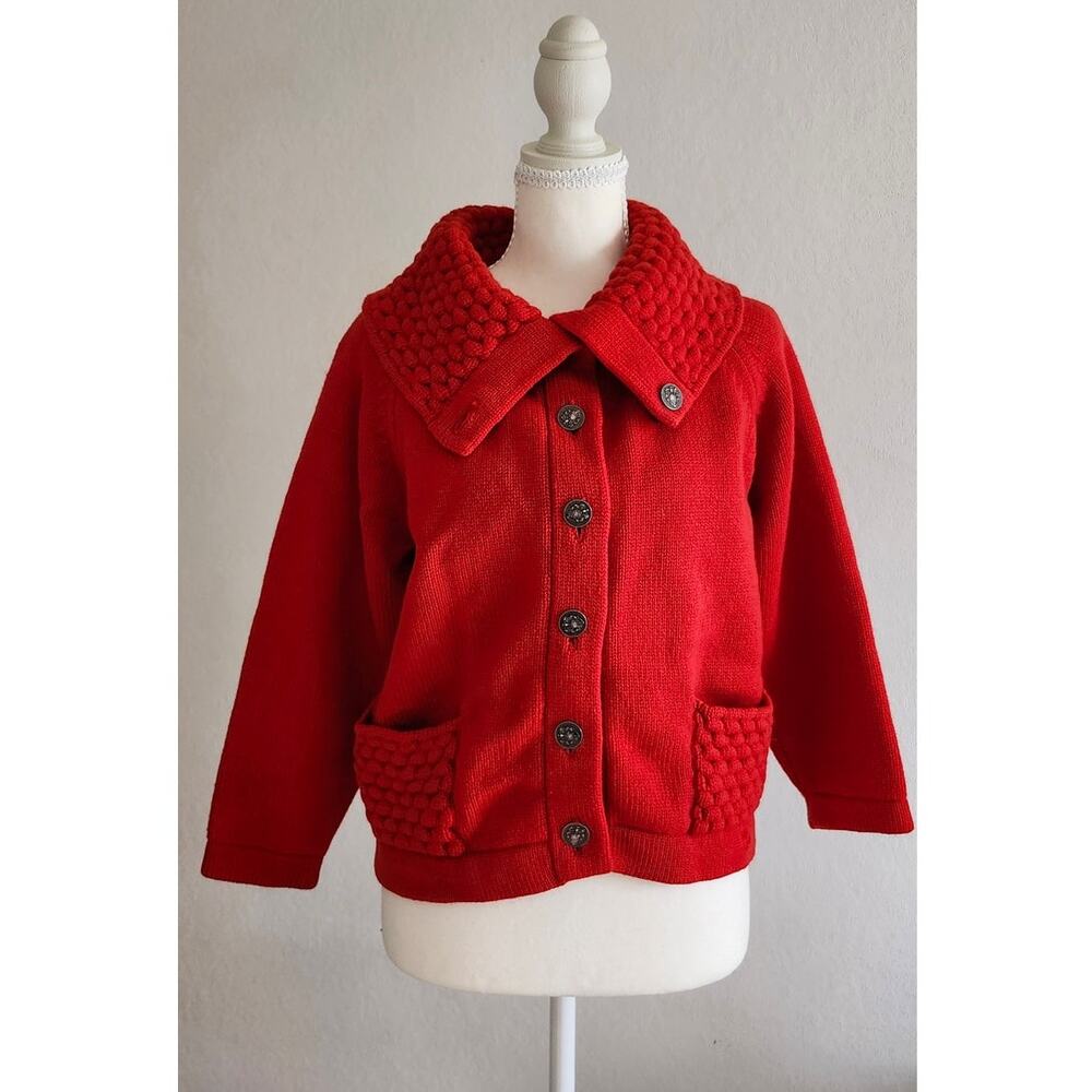 Vintage 100% Wool Italian Red Cowl Neck Button Front Sweater Cardigan M - Picture 3 of 10
